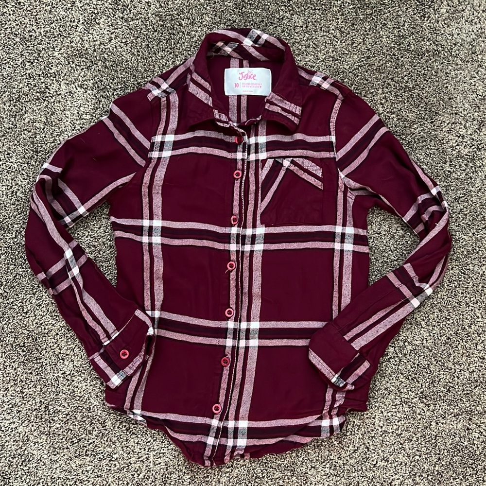 Justice plaid button down size 10
